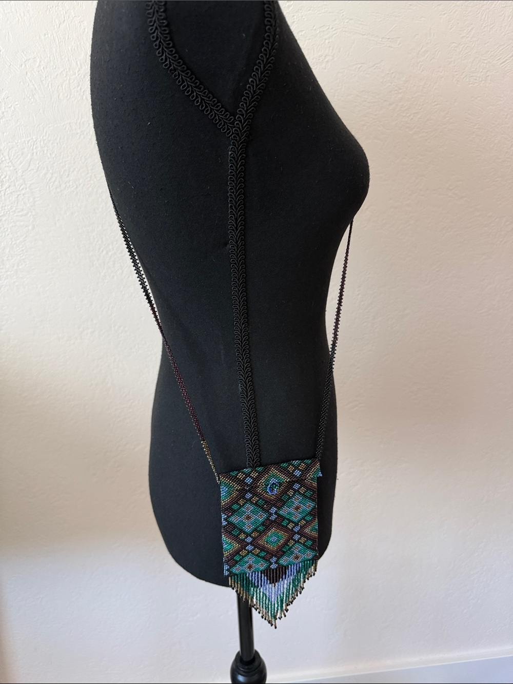 Handmade Beaded Fringe Crossbody Bag in Teal & Black
